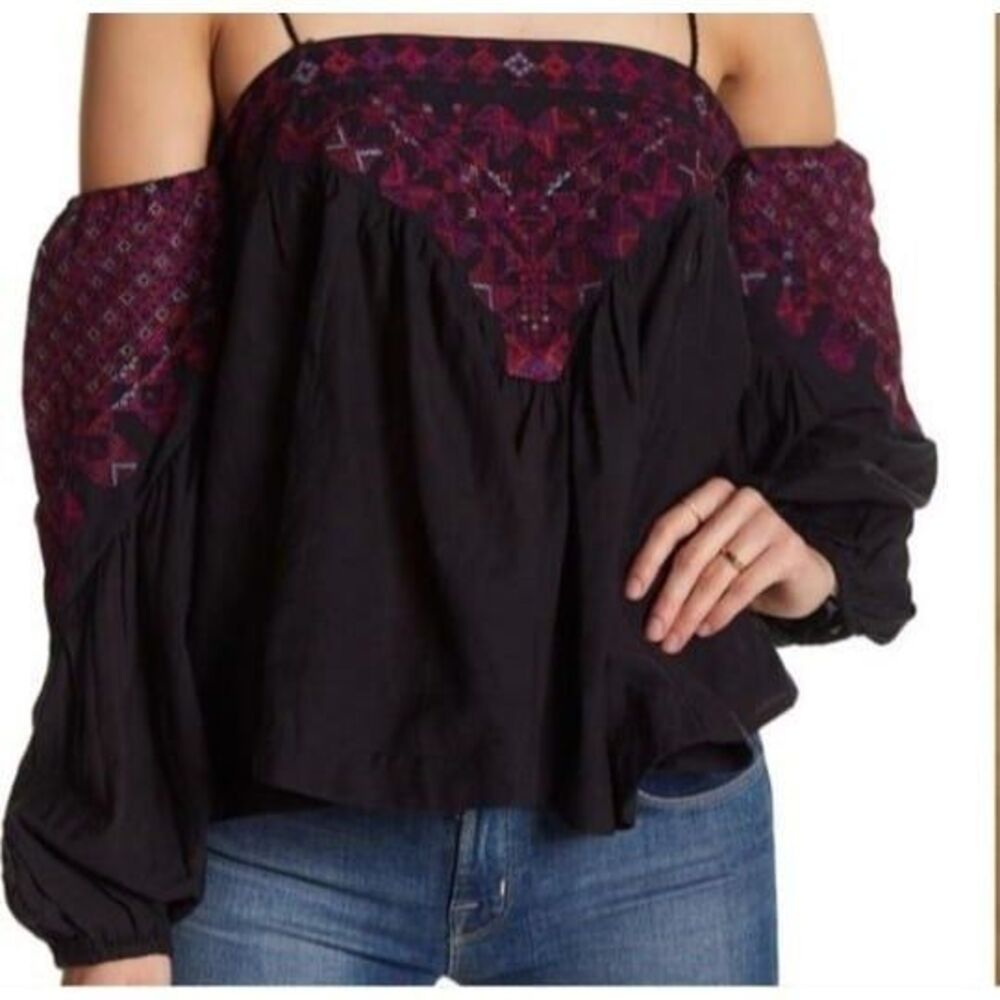 Free People Womens Top Black XS Off-the-Shoulder Embroidered Blouse
